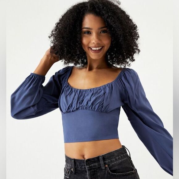 NWT Kendall & Kylie Long Sleeve Shirred Bodice Top Large Blue PACSUN - Picture 1 of 11